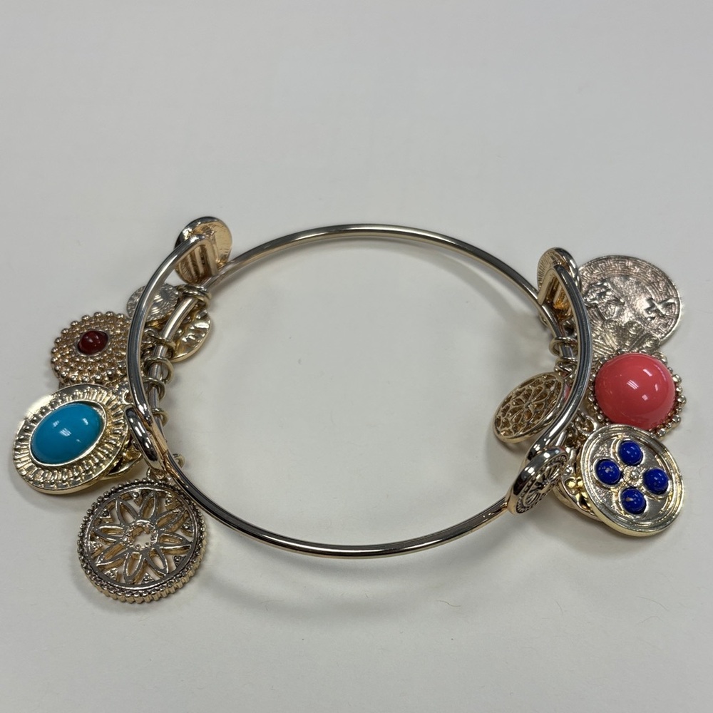 Graziano Gold-Tone Charm Bangle Bracelet with Turquoise, Coral and Blue Accents